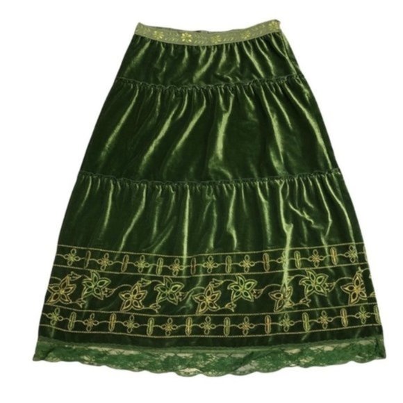 Vintage Dresses & Skirts - Vintage Velour Layered Green Gold Embroidered Maxi Skirt Size Large